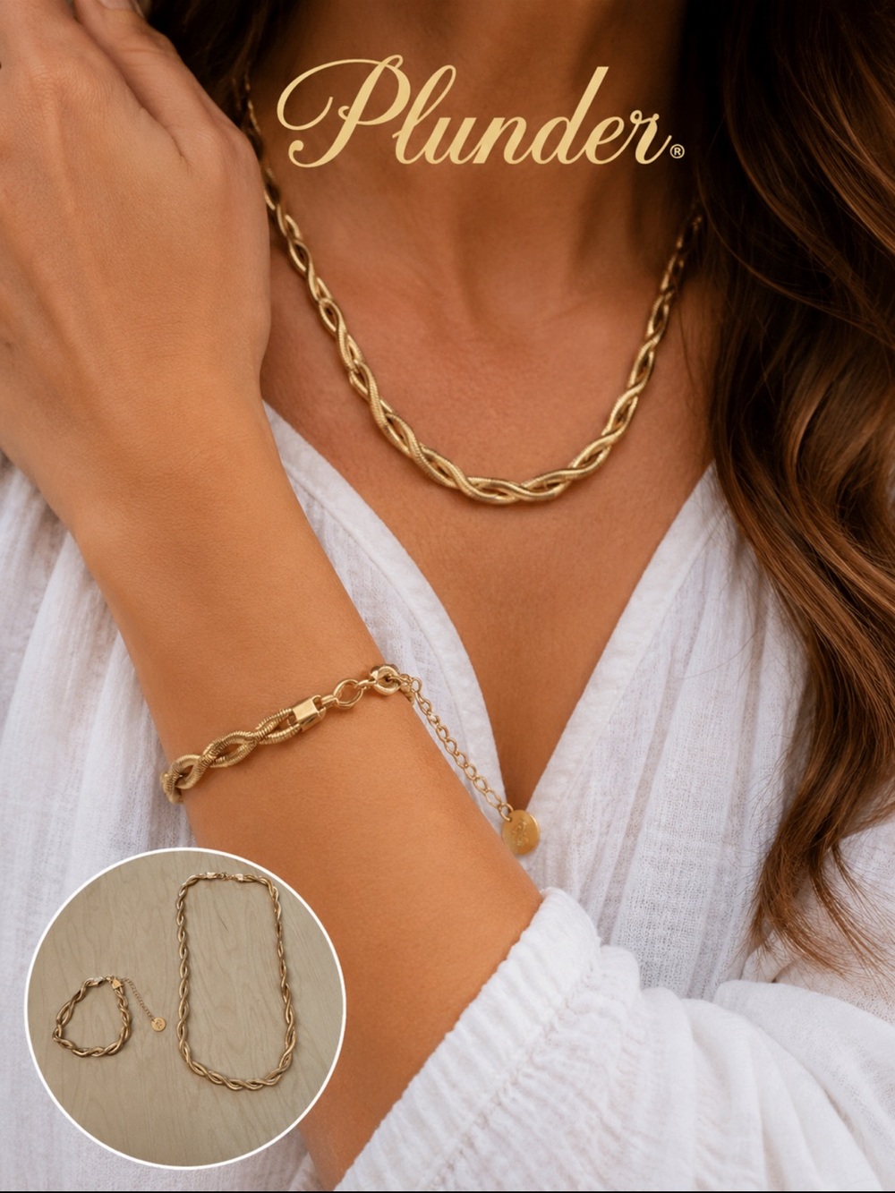 Plunder Gold Twisted Rope Chain Necklace & Bracelet Set | Stackable Jewelry Set